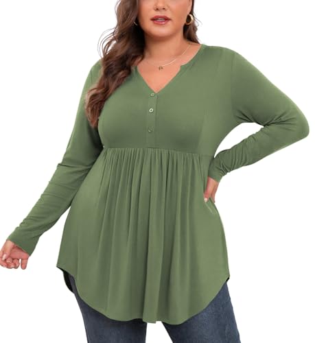 SHIJIALI Women's Plus Size Tops V Neck Henley Shirts Casual Long Sleeve Swing Flowy Blouse for Leggings Amry Green-X-Large — view 4