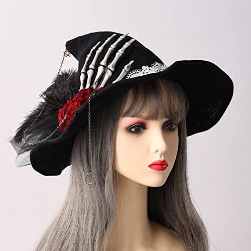 COSDREAMER Women Witch Hat Red Bows Wool Knit Cap for Halloween Christmas Party black, Black Red - Image 3