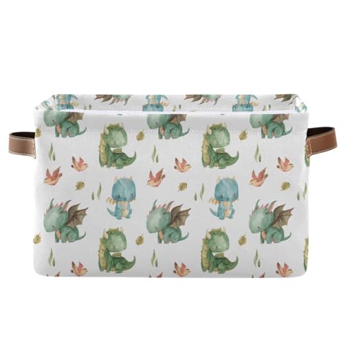 Image of xigua Cute Dragon Storage Basket Collapsible Storage Bins Waterproof Canvas Storage Basket with Leather Handles for Home Closets Offices,Bedrooms,Gift Baskets,2PCS