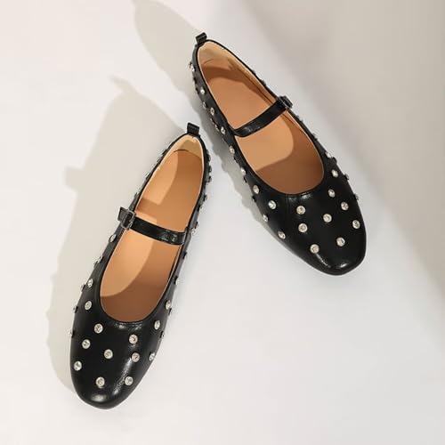ChaiRong Zhou Women Square Toe Sparkly Rhinestone Mary Jane Shoes Pu Leather Buckle Straps Low Heel Casual Ballet Dress Flats3