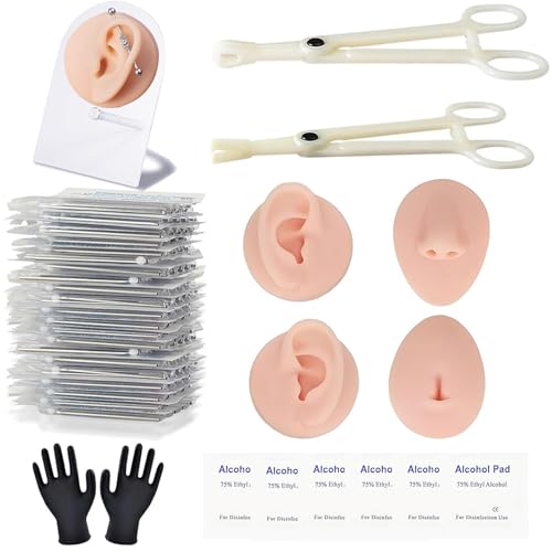 Piercing Kit Silicone Model Body Part Displays, 39 Body Piercing Kit,25Mixed 12G 14G 16G 18G 20G Ear Nose Piercing Needles 2 Piercing Clamps 6 Clean Tools 2 Gloves Soft Fake Nose Navel Ear 5D Model