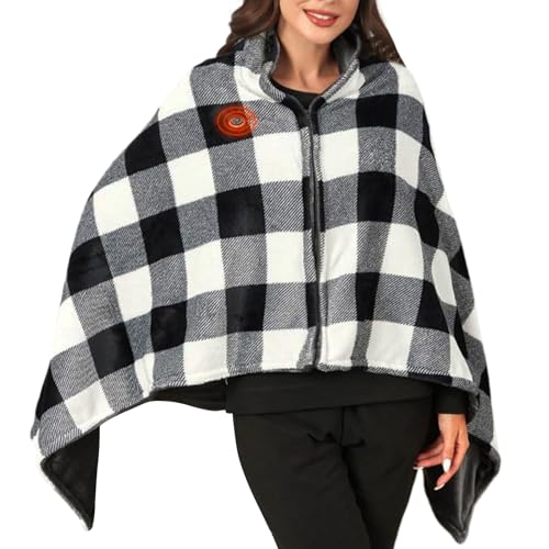 Chal térmico inalámbrico – Capa envolvente a cuadros de 150 cm con bolsillo, manta ajustable de 3 niveles de temperatura | Manta cómoda y cálida para mujeres, mamá, adultos, hogar, camping, vacaciones