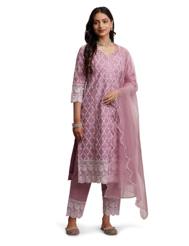 Image of Amazon Brand - Myx Women Embroidered Cotton Kurta Pant Set with Organza Dupatta (Available in Plus Sizes)