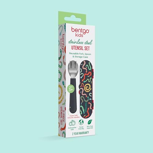 Image of Bentgo Kids Stainless Steel Utensil Set - Reusable Fork, Spoon & Storage Case, PFAS- & BPA-Free, Easy-Grip Handles, Lightweight, Dishwasher Safe, School Lunch, Travel & Outdoors (NEW Sssnakes)