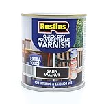 RustinsQuick Dry Poly Varnish Satin Walnut 500ml -Tough, Water-Based Clear Finish in Gloss, Matt or Satin; Durable Protection for Interior Wood, Furniture and Floors