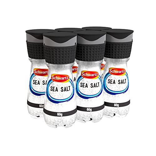 Schwartz Sea Salt 60 G | Jar with Grinder | Pack of 6 | Coarse, Medium, or Fine Texture | Naturally Harvested Crystals | High Concentration of Minerals and Enhanced Flavour