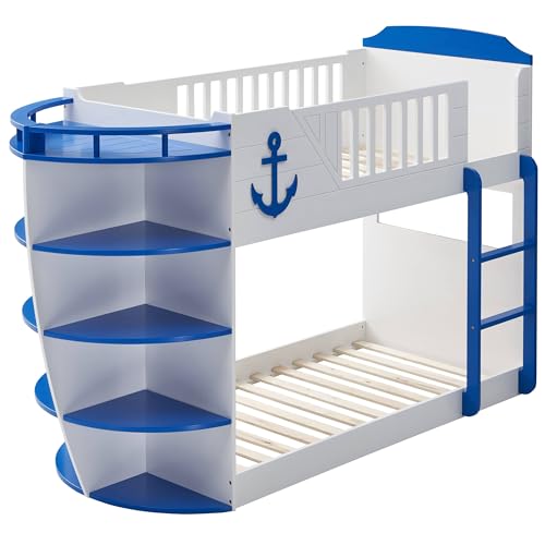 Sky Blue and White Twin,Twin Boat Shaped Bunk Bed