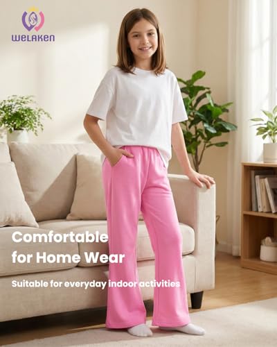 Image of WELAKEN Girls Sweatpants for Casual & Athletic - Kids Flared Pants Bell-Bottom Trousers with Pockets