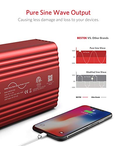 BESTEK 300Watt Pure Sine Wave Power Inverter DC 12V to AC 110V Car Plug Inverter Adapter Power Converter with 4.2A Dual USB Charging Ports and 2 AC Outlets Car Charger, ETL Listed