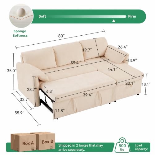 Tbfit 83" Sofa Bed Couch, Pull Out Couch with USB & Type-C Charging, Convertible Sofa Bed with Storage Chaise, Chenille Queen Sleeper Sofa for Small Spaces, Living Room, Apartment, RV, Beige — view 2