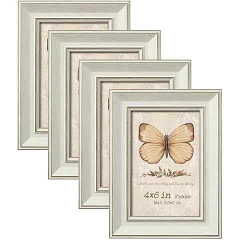 4x6 Picture Frames Set of 4, Rustic Farmhouse White Photo Frame with Tempered Glass, Distressed Vintage Frame 3.5x5 with Mat or 4x6 without Mat for Wall or Tabletop Display, Home Gallery Office Decor Cover