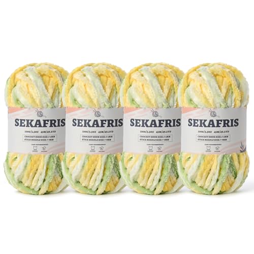 Image of Fuzzy Chunky Chenille Yarn for Crocheting,Soft Plush Yarn for Hand Knitting,Bulky 4x100g (4x49.2yd) Baby Blanket Yarn for Crocheting Amigurumi Yarns,Crochet Fluffy Velvet Yarn (4 Greenish Yellow)