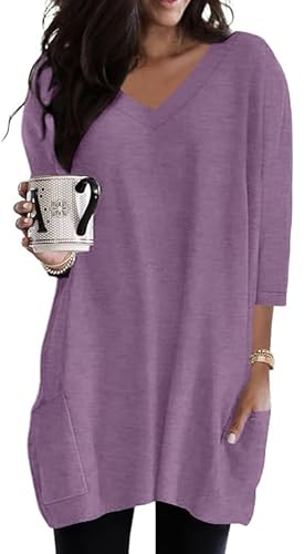 Poetsky Womens Tunic Tops for Leggings with Pockets Vneck 3/4 Length Sleeve Shirt Casual Long T-Shirts S-3XL, Purple, Large