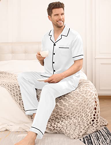 Image of SWOMOG Mens Satin Pajama Set Short Sleeve Classic Sleepwear Button Down Silky Loungewear with Long Pants