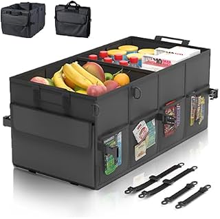 Car Trunk Organizer SUV Collapsible Car Caddy Truck Storage Heavy Duty Oxford Car Grocery Organizer for Cargo Van Jeep Sedan with 2 Large Compartments, 6 Pockets, 4 Adjustable Straps, 2 Handles 50L