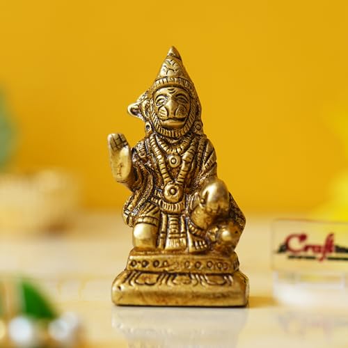 Image of eCraftIndia Golden Brass Hanuman Ji Murti Statue | Blessing Lord Hanuman Idol for Home Temple Pooja Mandir Car Dashboard | Gift for Housewarming Birthday