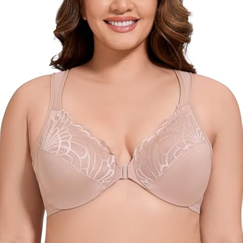 MELENECA Front Closure Bras for Women Plus Size Underwire Unlined Lace Cup Cushion Strap Beige 38DD Cover