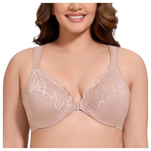 MELENECA Damer Plus Size bygel ofodrad spetskudde rem Främre stängning BH Beige 95G