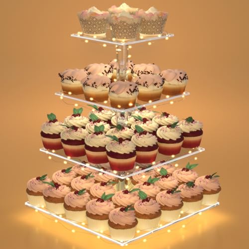 LoveDisplay 4 Tier Acrylic Cupcake Stand with LED Light for Weddings Birthday Parties (Yellow Light)