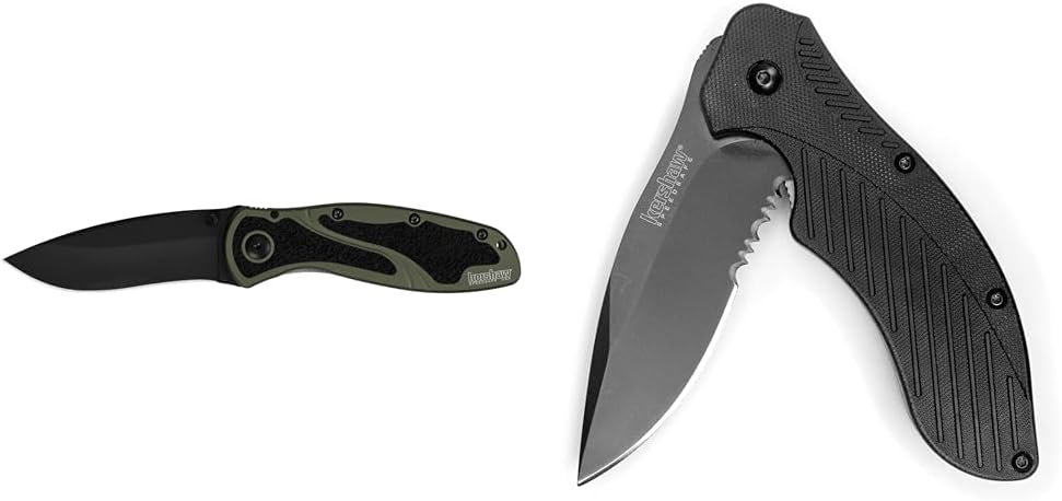 Kershaw Blur Olive and Black Pocket Knife, 3.4” Stainless Steel Blade with Assisted Opening, Olive & Clash Black Serrated Pocketknife, 3" 8Cr13MoV Steel Drop Point Blade, Assisted One-Handed