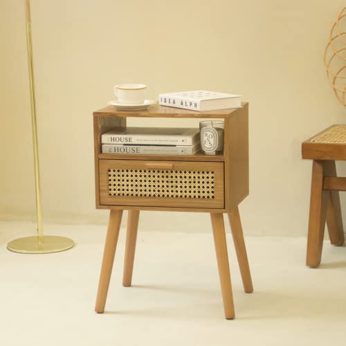 Maxsmeo Mid Century Modern Nightstand With Drawer, Small Nightstand Bedside Table, Brown Rattan Nightstand, Wood End Table For Bedroom, Living Room (Brown) #TOP4