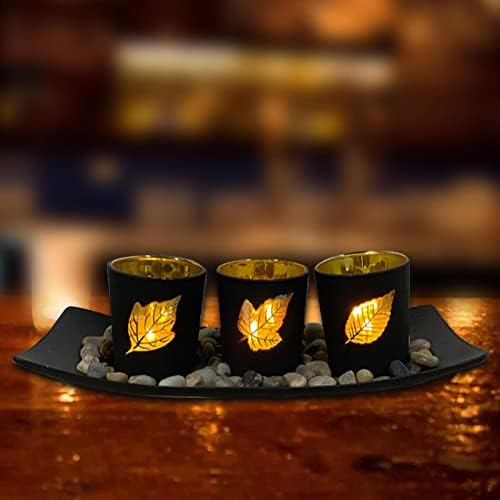 Ravcerol Candle Holders - Deluxe Natural Candlestick Holder Black Set | 3 Decorative Tea Light Candle Holders Rocks and Wooden Tray | Candle Holders for Spa Wedding Party