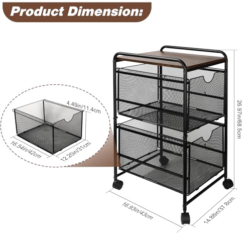 EasyPAG Mesh File Storage Drawer Carts with 4 Swivel Casters Rolling Wheels Assemble Letter Size Filing Cube Organizer, Black