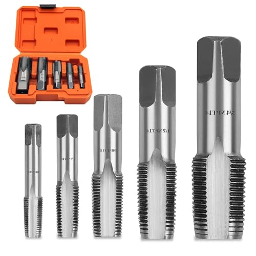 YUENTOEN 5 Piece NPT Pipe Tap Set, Bearing Steel NPT Thread Forming Taps, GCR15 Drill Bits for Cleaning or Re-Thread Damaged and Jam Pipe Threads, Size 3/4", 1/2", 3/8", 1/4", 1/8" in Storage Box