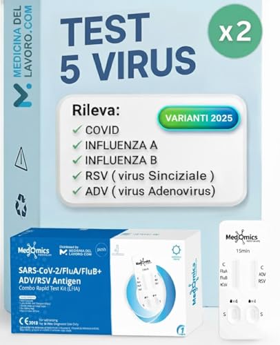 2 x Test Combo 5in1, Tamponi rapido covid 19 varianti 2026 + Influenza A o B + Virus RSV Sinciziale + Virus ADV Virus respiratorio Adenovirus, Test rapido Adulti e bambini, 2 pz