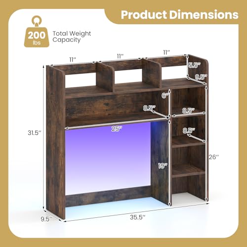 Image of Tangkula Desktop Bookshelf with LED Lights, Desk Hutch with 8 Shelves for Max 25 inch Monitor, Desktop 5-Tier Display Rack, Multipurpose Wood Desktop Storage Hutch Organizer for Dorm Office Home