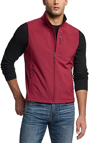 Tsla Men's Sleeveless Softshell Vest, Full-Zip Windbreaker Vest, Outdoor Golf Travel Hiking Vest, Softshell Vest Maroon, Large #TOP4
