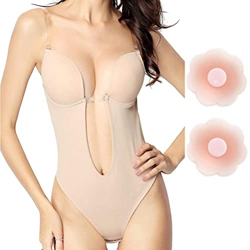 Sahgsa Body gainant pour femme - Dos nu - Avec bandoulière transparente - Col en V profond - Pour robe à dos bas Cover