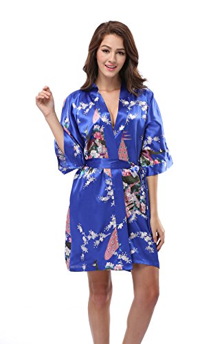 Luvrobes Women's Satin Kimono Robe, Peacock Design, Short (L, Sapphire)