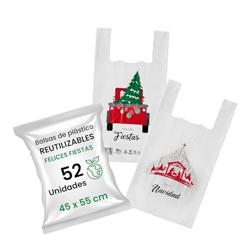 52 Bolsas de Plástico tipo camiseta para Navidad | Resistentes y Reutilizables | Bolsa Para Alimentos y Compras, 70% Recicladas Con Asas Cómodas | Bolsas Pequeñas de Plástico 45 x 55 | Galga 200