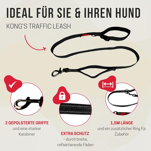 KONG Hundeleine in 1,5m Länge I Für große Hunde bis 50kg I Größe L I verkehrssichere Leine Hund in rot I Führleine reflektierend mit 2 gepolsterten Handschlaufen & robusten Karabinerhaken