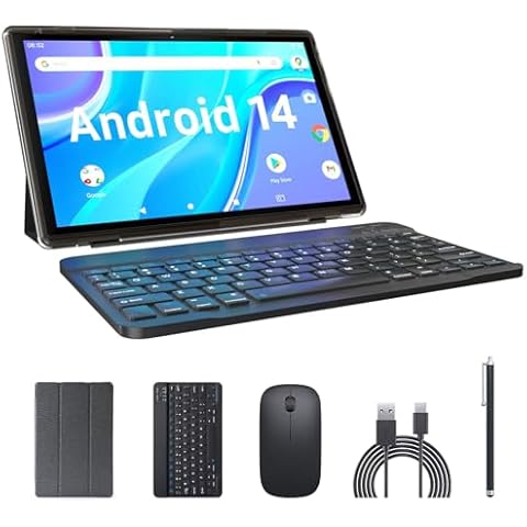 Tablet 2 in 1 Android 14 Tablets with Keyboard 10 inch Tabletas, Include Mouse Stylus Case, 6000mAh Tablet 6GB RAM 32GB ROM 1024GB Expandable Tableta, 2MP+8MP Dual Camera, WiFi-6 Bluetooth Tablet PC. Cover