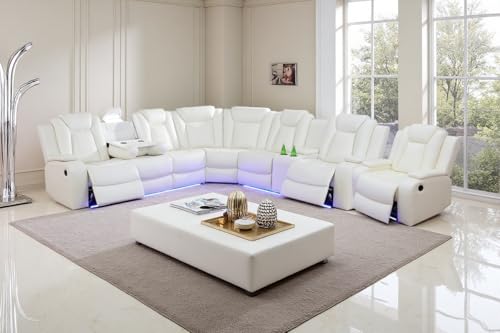 Image of Leather Power Recliner Sectional Sofa Set with LED Lights, L Shaped Reclining Sectional Couch and Chair, Breathing Leather Sofa Set with Coffee Table /USB Port for Living Room