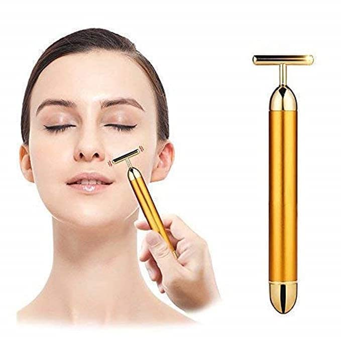 AASTIK Energy Beauty Bar Electric Vibration Facial Massage Roller Waterproof Face Skin Care T-Shaped Anti Wrinkle Massager for Forehead Cheek Neck Clavicle Arm Leg (Gold Colour)