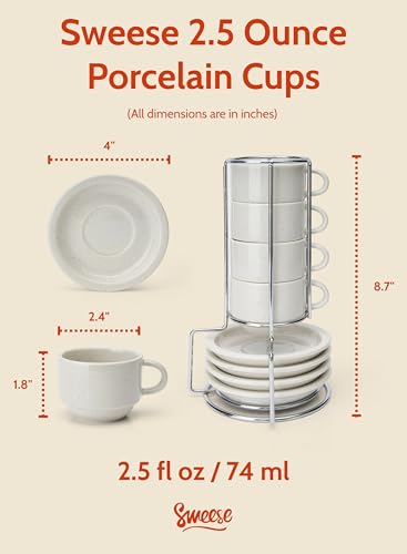 Image of Sweese Porcelain Espresso Cups Set, 2.5 oz, with Saucers, Metal Stand, Stackable - Dove Grey, 4 Pack