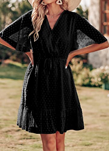 Kirundo 2023 Women's Summer Dresses Casual Short Sleeve V Neck Ruffle Swiss Dot High Waist Short Flowy Mini Dress With Belt(Style2-Black, Medium) #TOP3
