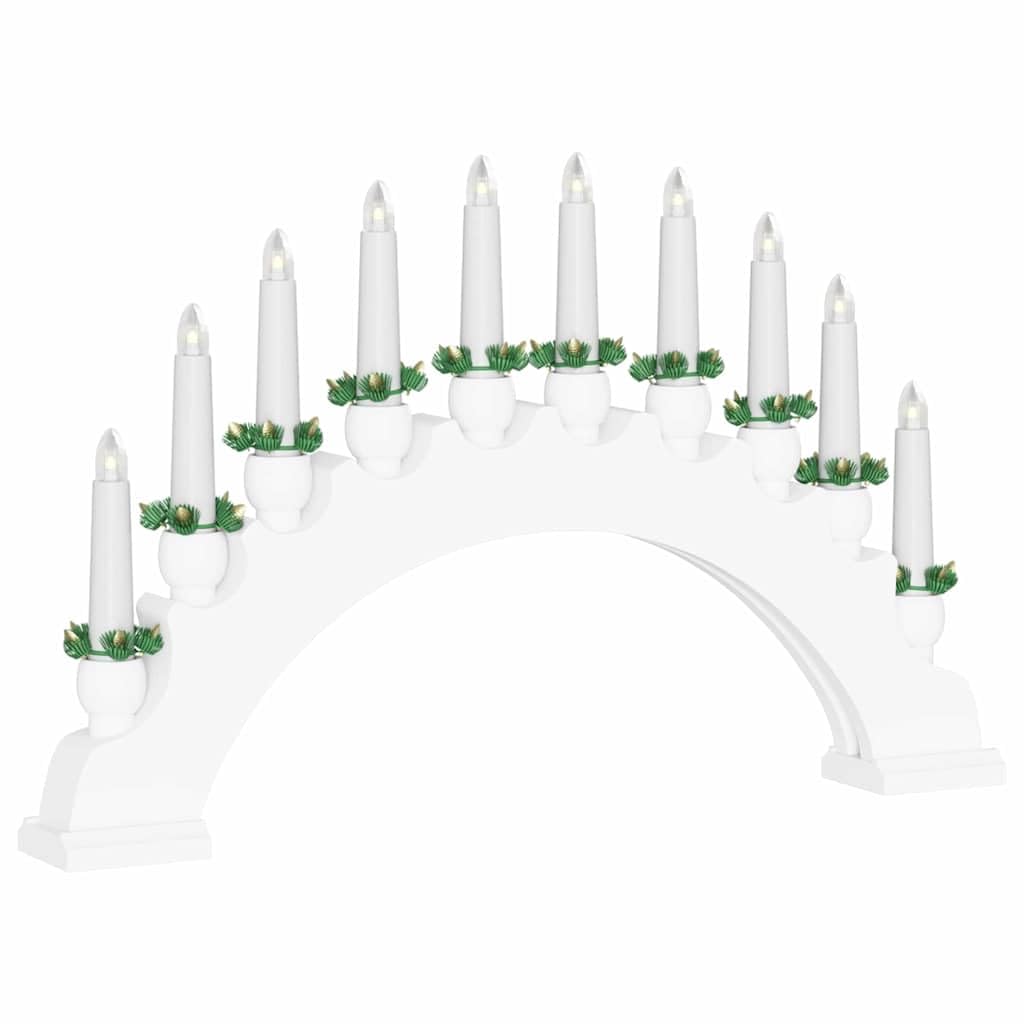 Świecznik bożonarodzeniowy z 10 świecami LED, biały, 47 x 29 cm, z litego drewna sosnowego, zasilany bateriami, do świątecznej dekoracji stołu i parapetu, trwała dekoracja bożonarodzeniowa