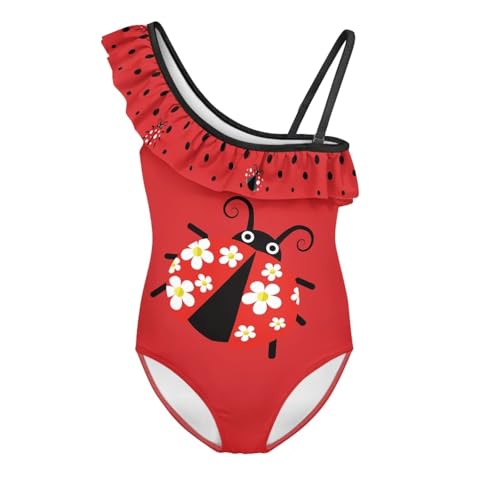 Image of Ladybug Swimsuits for Girls 5-14 One Piece Bathing Suit Kids One Ruffle Shoulder Beach Sport Swimwear