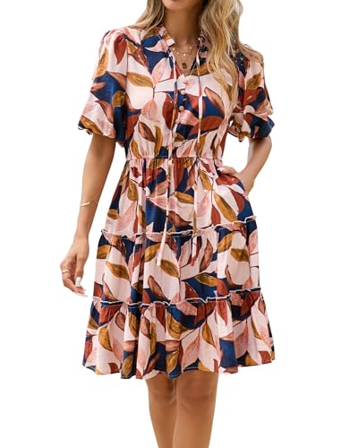 BTFBM Women Summer Floral Short Dresses V Neck Short Sleeve Tiered Ruffle Boho Swing Dress A-Line Mini Dresses(Leaves Khaki,Medium)