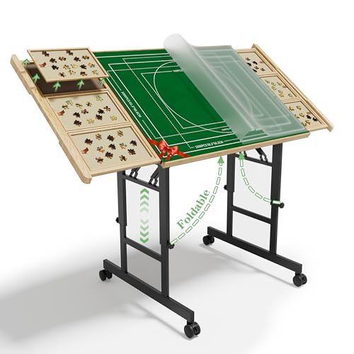 Image of CODACE Puzzle Table with Drawers - 1500 Pieces Folding Puzzle Tables for Adults, Tilting Jigsaw Puzzles Board with Sorting Trays, Table with Adjustable Height Legs and Wheels，Present for Puzzles Lover