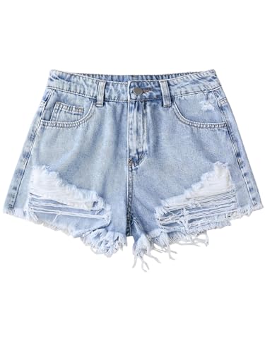 Patotreey Girls Ripped Jean Shorts Teen Summer Casual Distressed Raw Hem Trendy Denim Shorts Light Blue 14Y