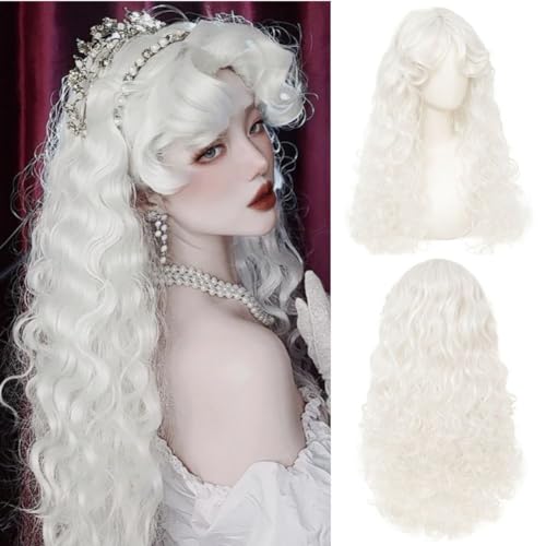 Tseses White Long Curly Wigs for Women Middle Part with Bangs Natural Synthetic Princess Hair Wig for Halloween Cosplay