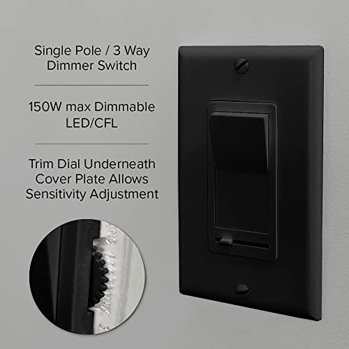 Maxxima LED Slide Dimmer Rocker Switch - 3-Way/Single Pole Compatible, Decorative Electrical Light Switch, 600 Watt Max, LED Compatible for Indoor Home Use, Wall Plate Cover Included - Black - Thumbnail 3