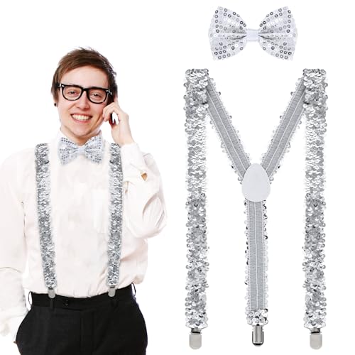 HJZHII Cravate Homme à Paillettes Noeud Papillon, Bretelles Clignotantes pour Carnaval - Accessoires