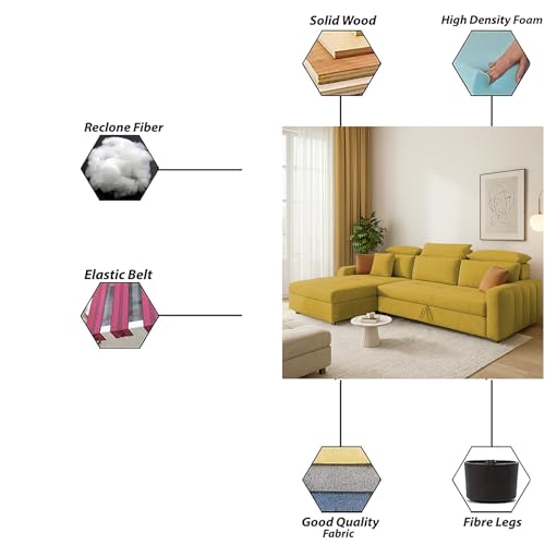 Image of Casaliving Gagnon LHS 4 Seater L Shape Corner Sofa Cum Bed for Living Room (Yellow Fabric) Premium Fabric Sofa Cum Bed