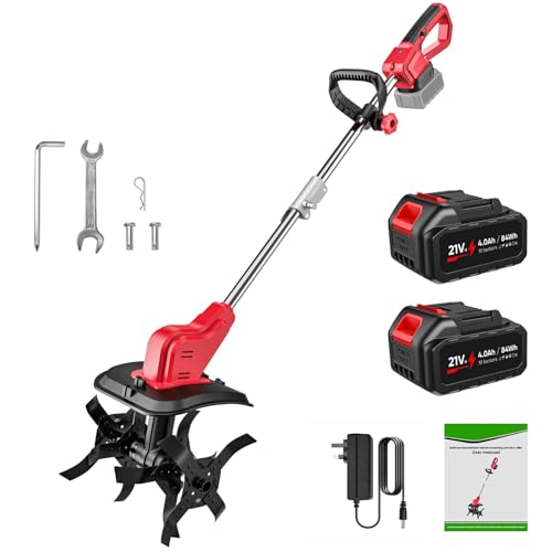 Image of Electric Tiller Cultivator, 550W Cordless Garden Tiller with 2x4.0Ah Batteries, 30CM Cutting Width & 22CM Working Depth, Double Drum 4 Blades, LED Display, Electric Soil Rototiller for Vegetable Plot